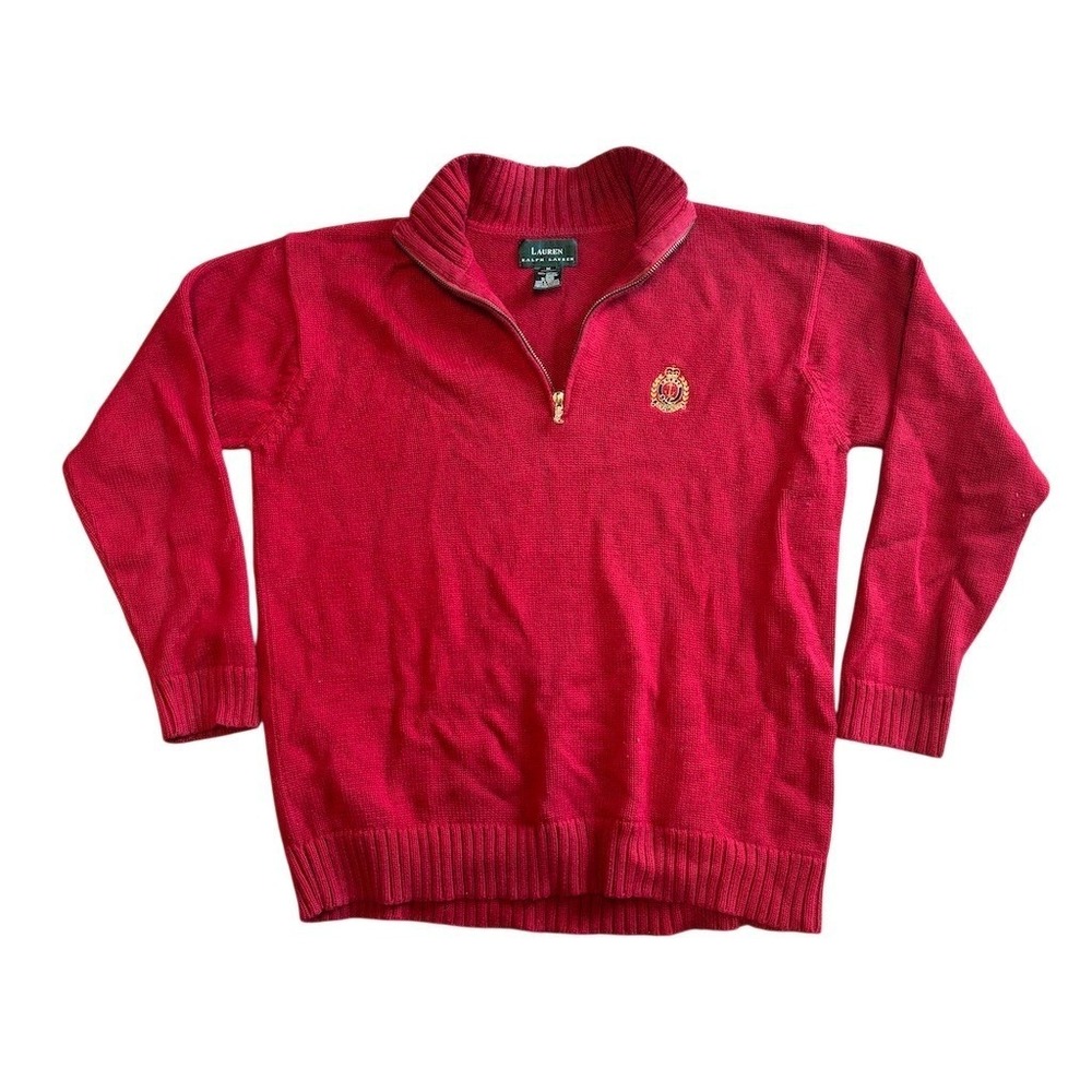 Lauren Ralph Lauren Sweater Womens M Red 1/4 Zip Mock Neck Crest Logo